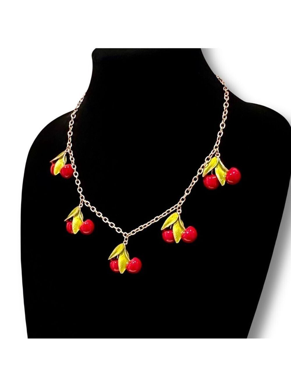 FASHIONABLE FRUIT | Cherries Jubilee Red & Green Enamel Charm Necklace​ | NIB - Picture 2 of 10